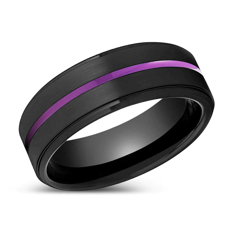 Carolos Black Tungsten Wedding Band Stepped Edges Purple Groove - 8mm