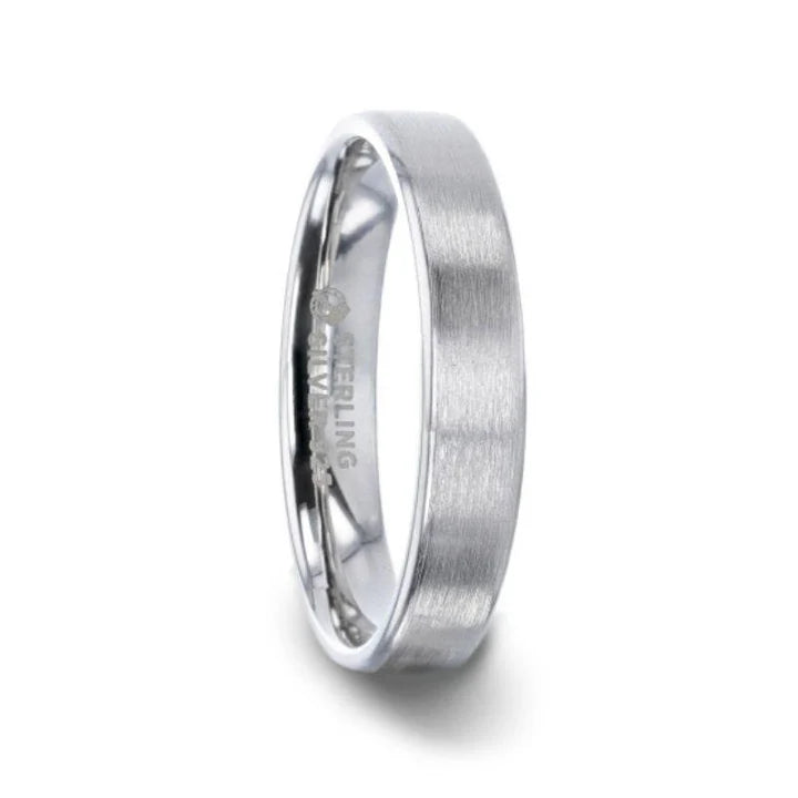 Silver Brushed Center Flat Style Wedding Band With Beveled Edges - 4mm & 8mm