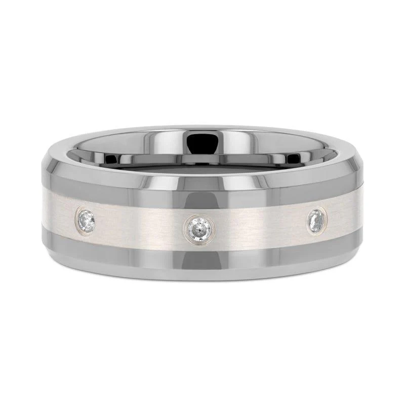 EDWARDO Silber Intarsierter abgeschrägter Wolframring mit 8 Diamantfassungen – 8 mm