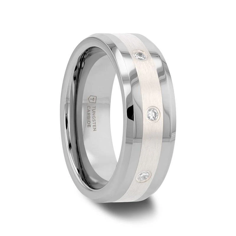 EDWARDO Silber Intarsierter abgeschrägter Wolframring mit 8 Diamantfassungen – 8 mm