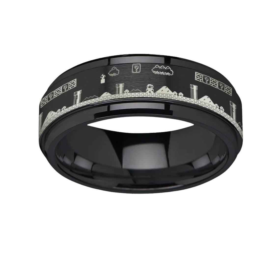 Men's Flat Super Mario Bros Pixel Level Game Black Tungsten Carbide Spinner Band - 8mm