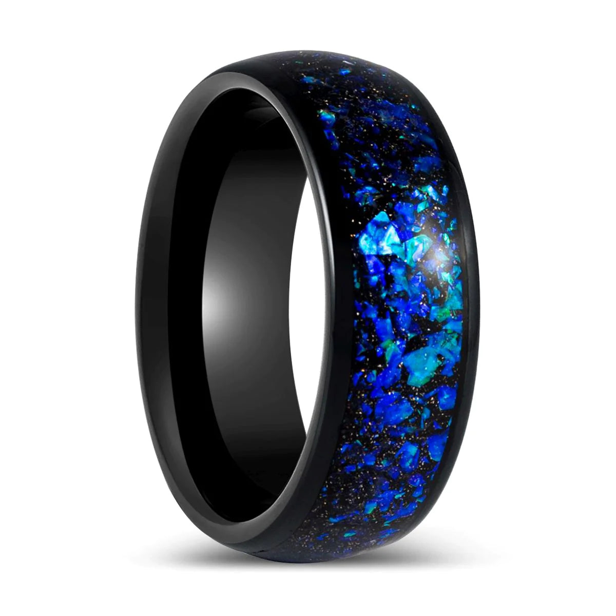 Mandell Domed Mens Black Tungsten Ring Blue Opal and Abalone Fragments - 8mm