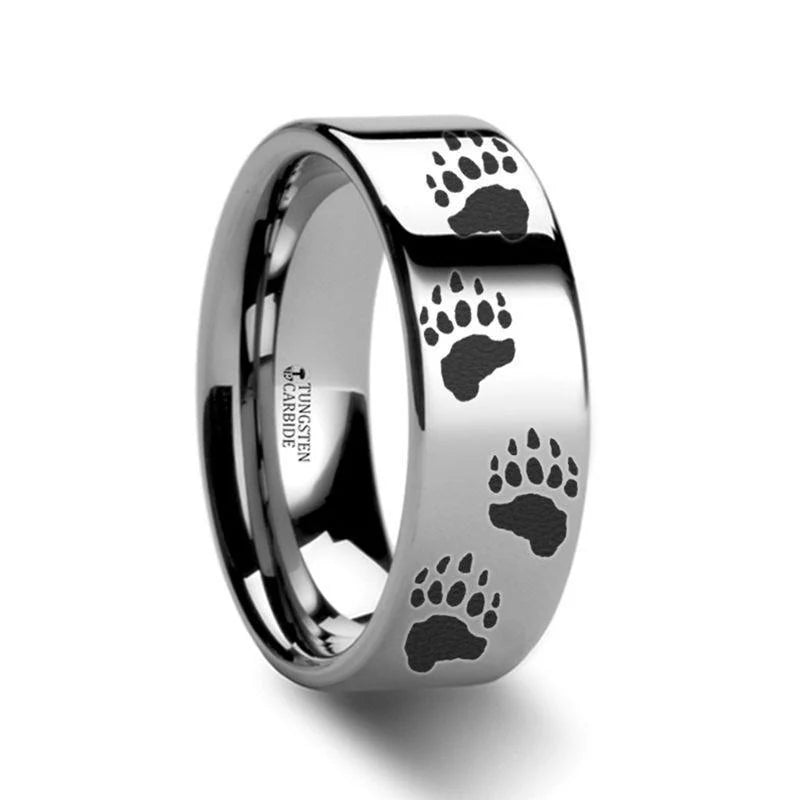 Track Bear Paw Print Ring Engraved Flat Tungsten - 4mm - 12mm