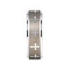 Babylon tungsten ring with raised center and engraved crosses, side view