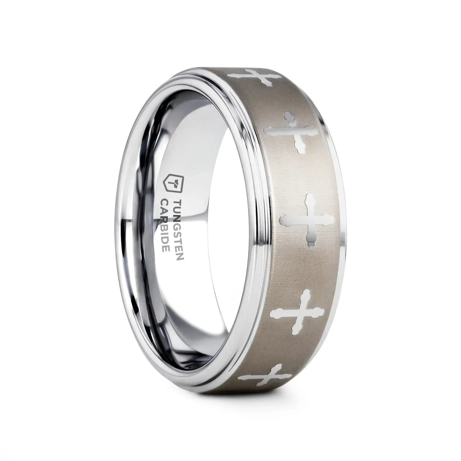 Babylon tungsten ring with raised center and engraved crosses, front view