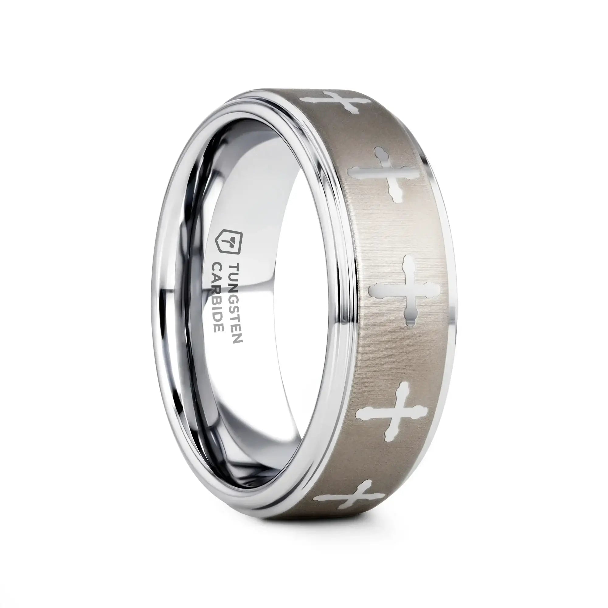 Babylon tungsten ring with raised center and engraved crosses, front view