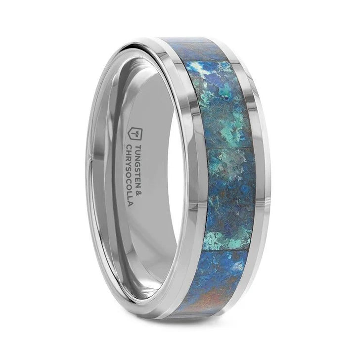 Rayan Men's Tungsten Carbide Beveled Wedding Band with Chrysocolla Inlay - 8mm