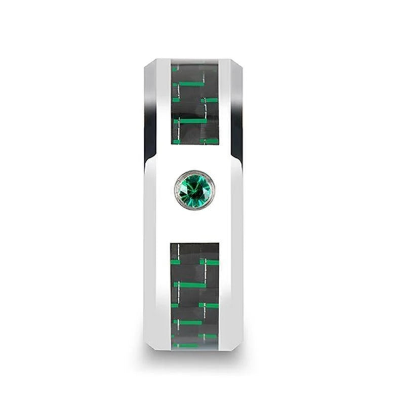 Tungsten Carbide Ring with Black & Green Carbon Fiber and Green Emerald - 8mm