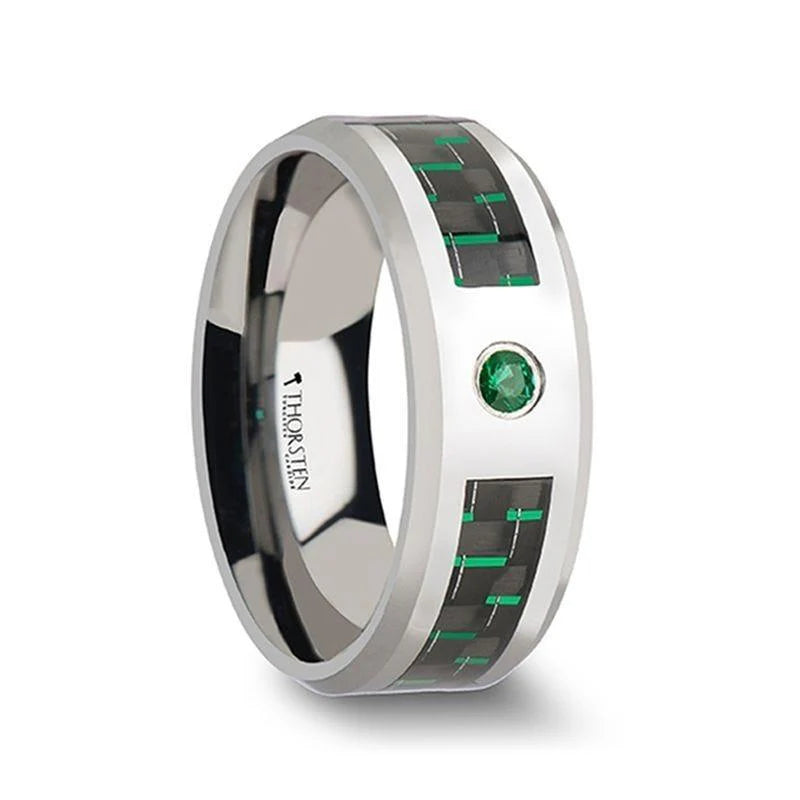 Tungsten Carbide Ring with Black & Green Carbon Fiber and Green Emerald - 8mm
