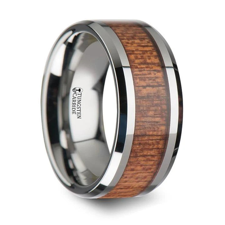 Tungsten Wedding Band with Polished Bevels and African Sapele Wood Inlay - 10 mm