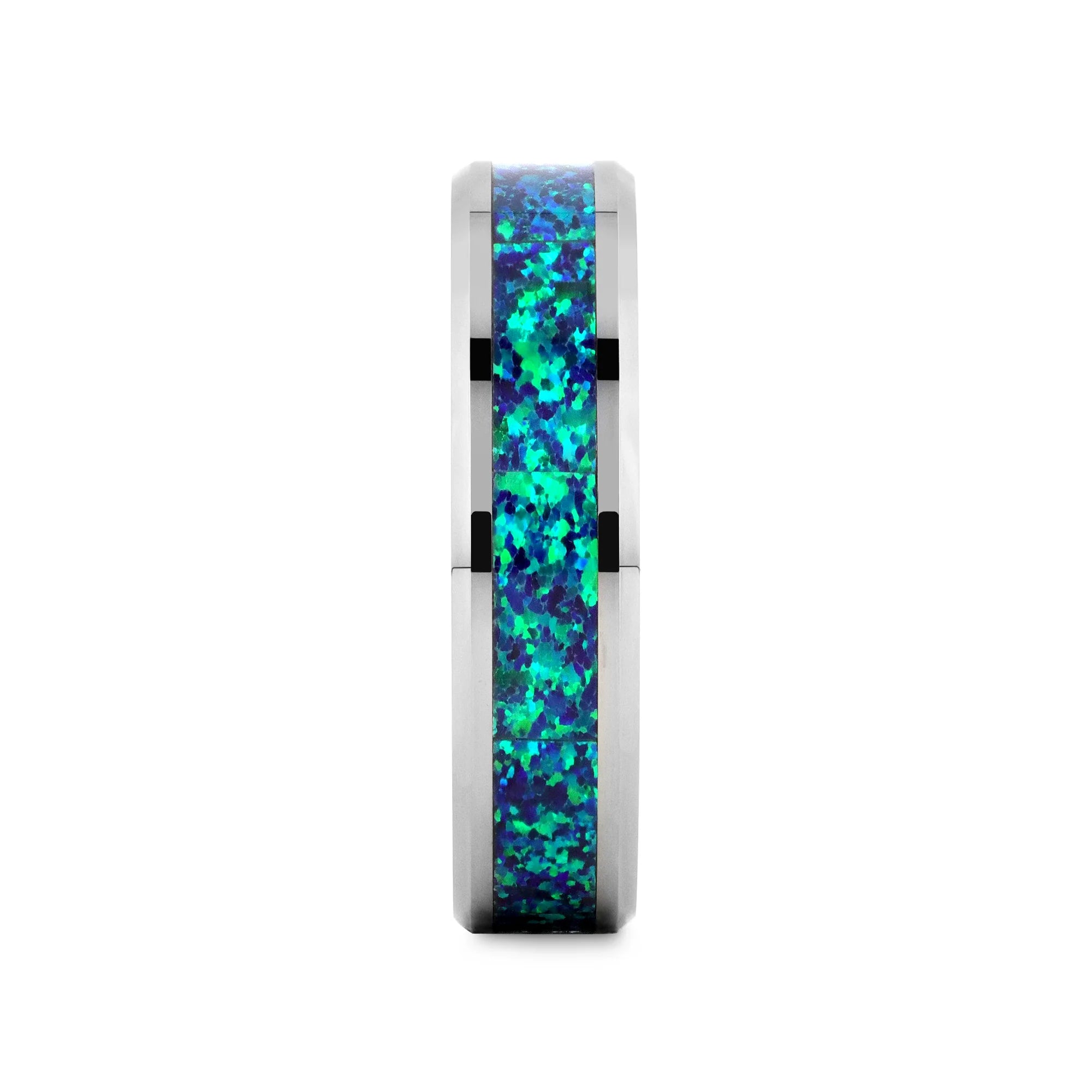 Tungsten ring with blue and green inlay on a white background