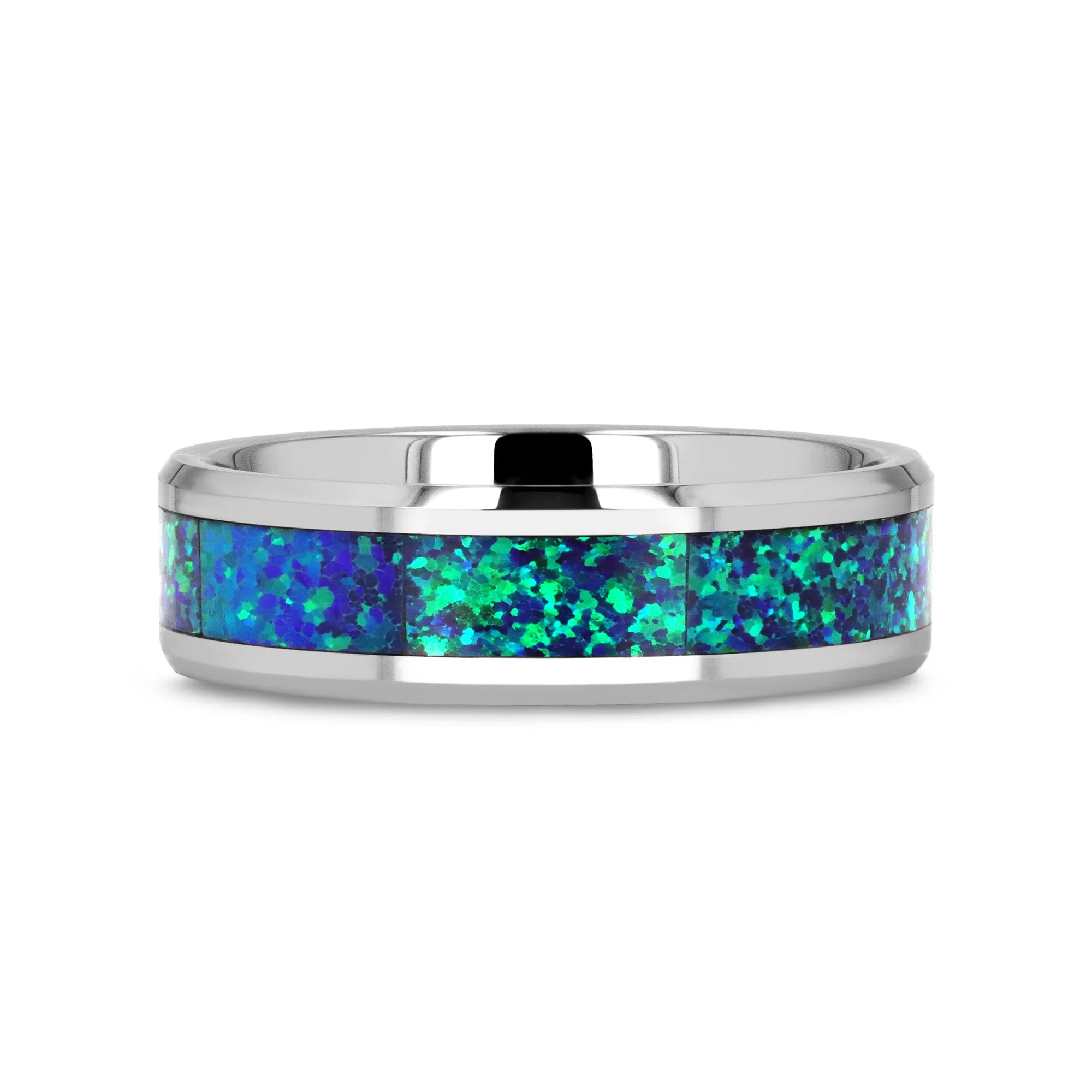 Silver ring with blue and green opal inlay on a white background