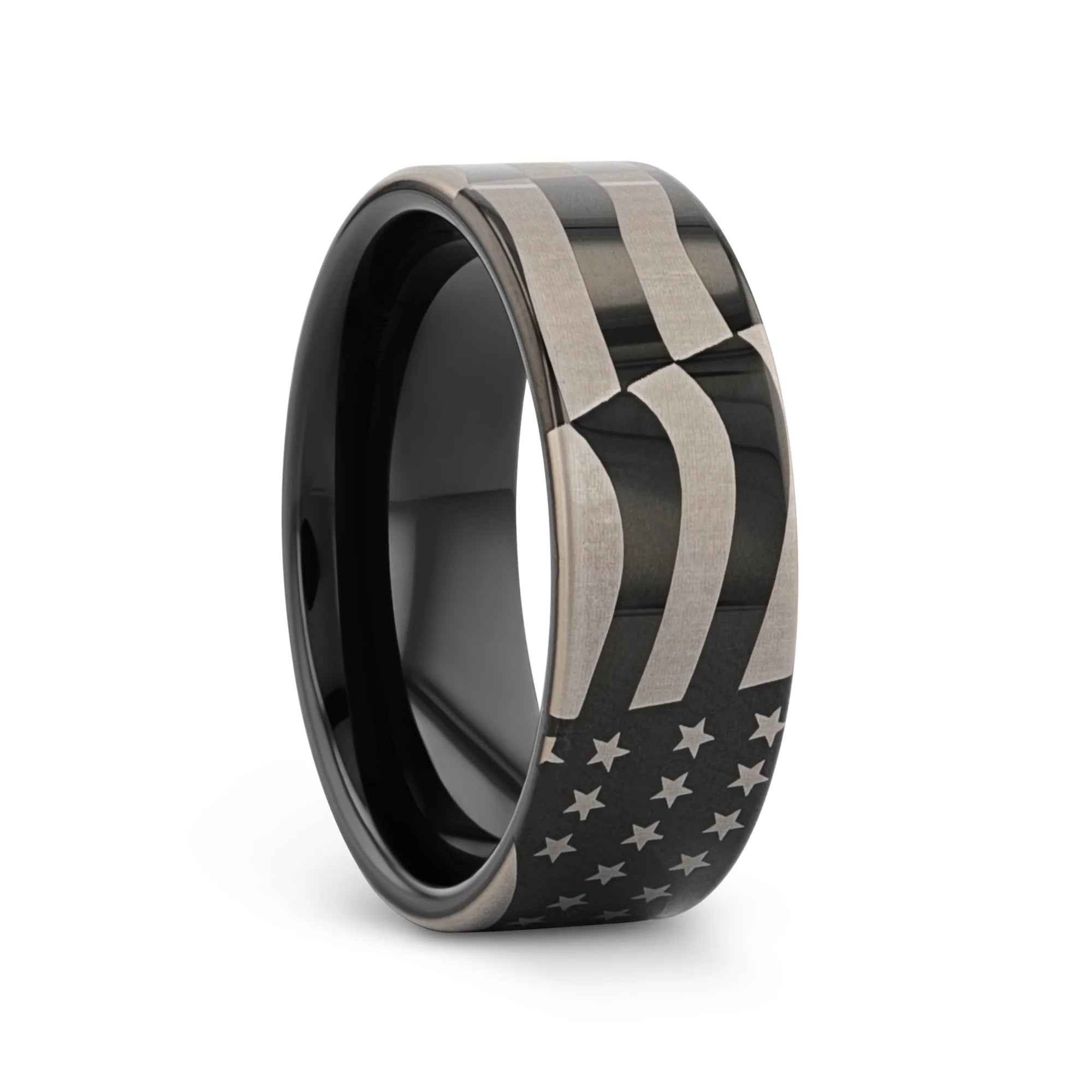 Boreas U.S. Flag Patriot Engraved Polished Flat Pipe Cut Black Tungsten Ring - 6mm - 12mm