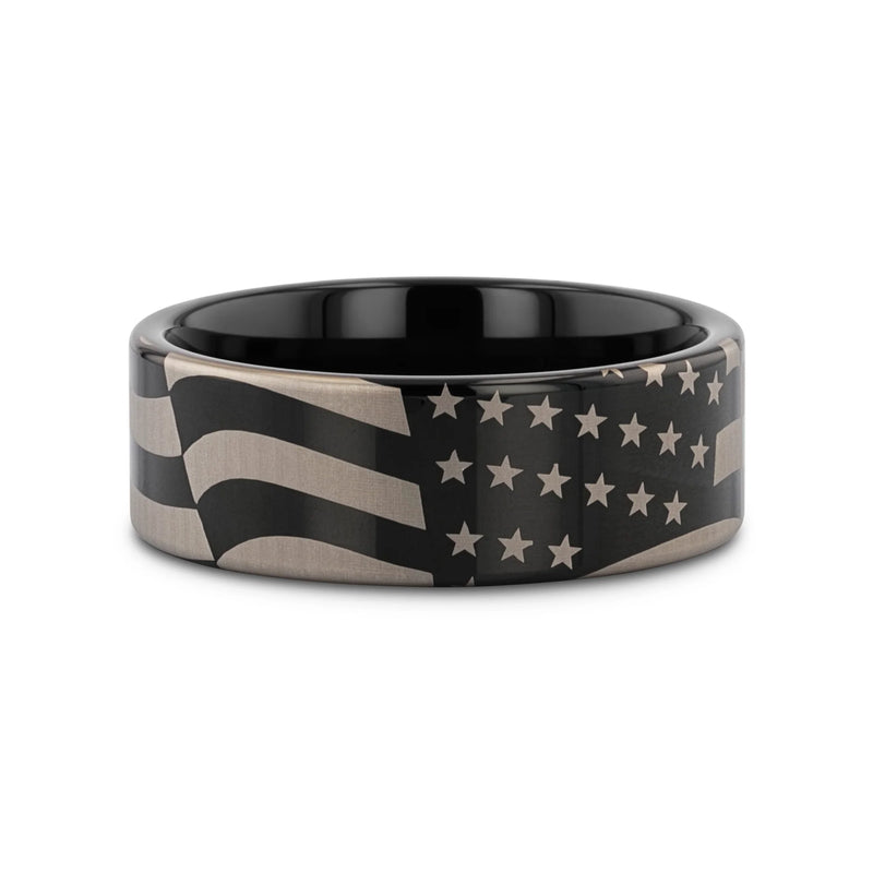 Boreas U.S. Flag Patriot Engraved Polished Flat Pipe Cut Black Tungsten Ring - 6mm - 12mm