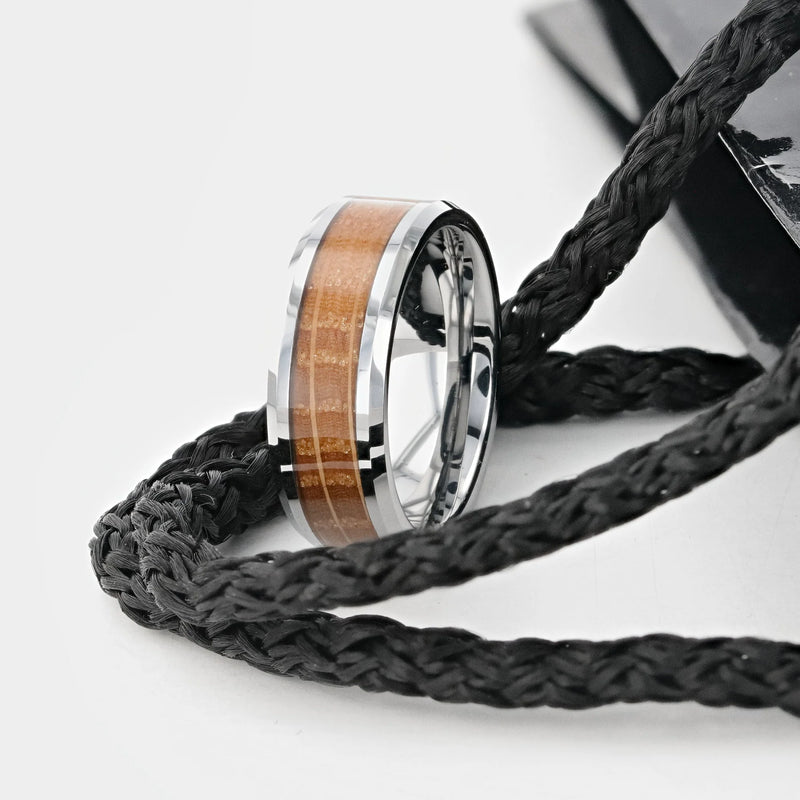 Whiskey Barrel Inlaid Tungsten Men's Wedding Band With Beveled Polished Edges Made From Genuine Whiskey Barrels - 8mm