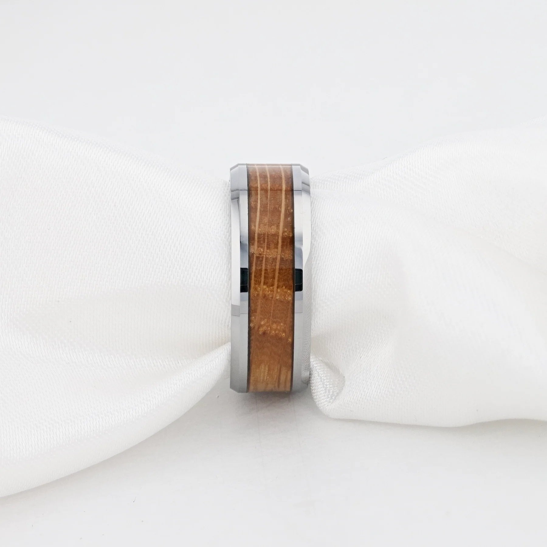 Whiskey Barrel Inlaid Tungsten Men's Wedding Band With Beveled Polished Edges Made From Genuine Whiskey Barrels - 8mm