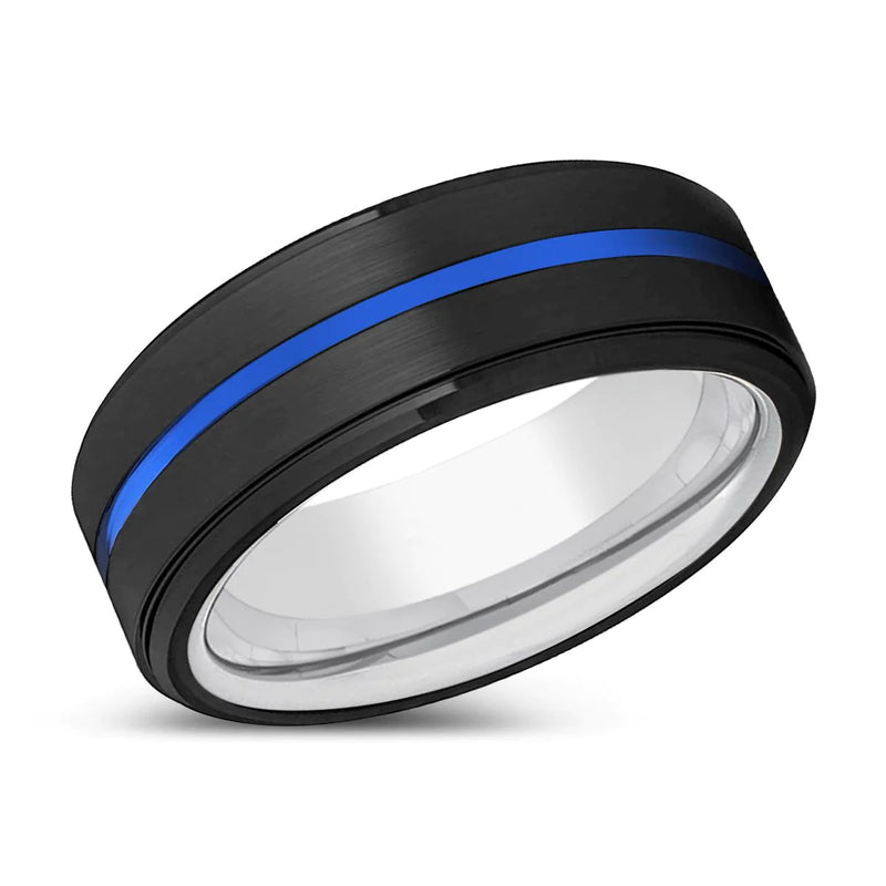 Marion Mens Black Tungsten Wedding Band Stepped Edges Blue Groove - 8mm