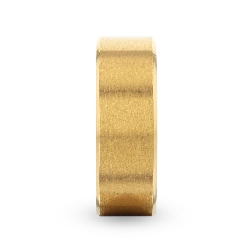 Yellow Gold Plating Titanium Men's Wedding Band With Flat Brushed Finish Center And Rounded Polished Edges - 8mm