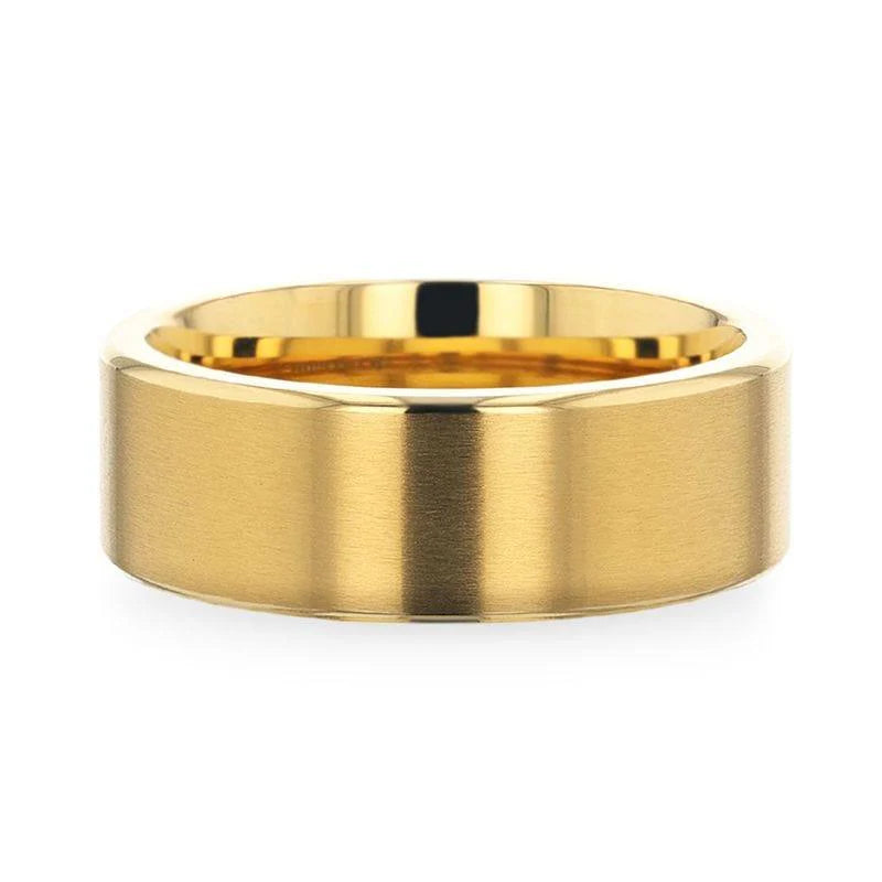 Natsu Flat Yellow Gold Plated Titanium Men's Wedding Band Brushed Finish Center - 8mm