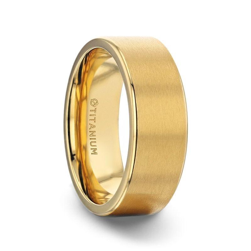 Natsu Flat Yellow Gold Plated Titanium Men's Wedding Band Brushed Finish Center - 8mm