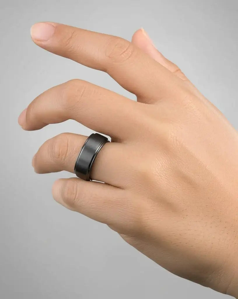 Memphis black titanium ring, worn on hand