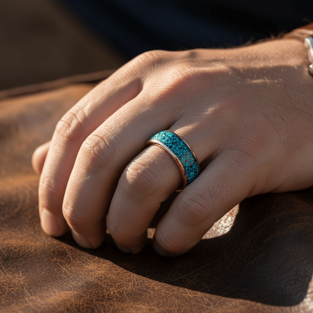 Dionysus rose gold tungsten ring with blue turquoise inlay, side view