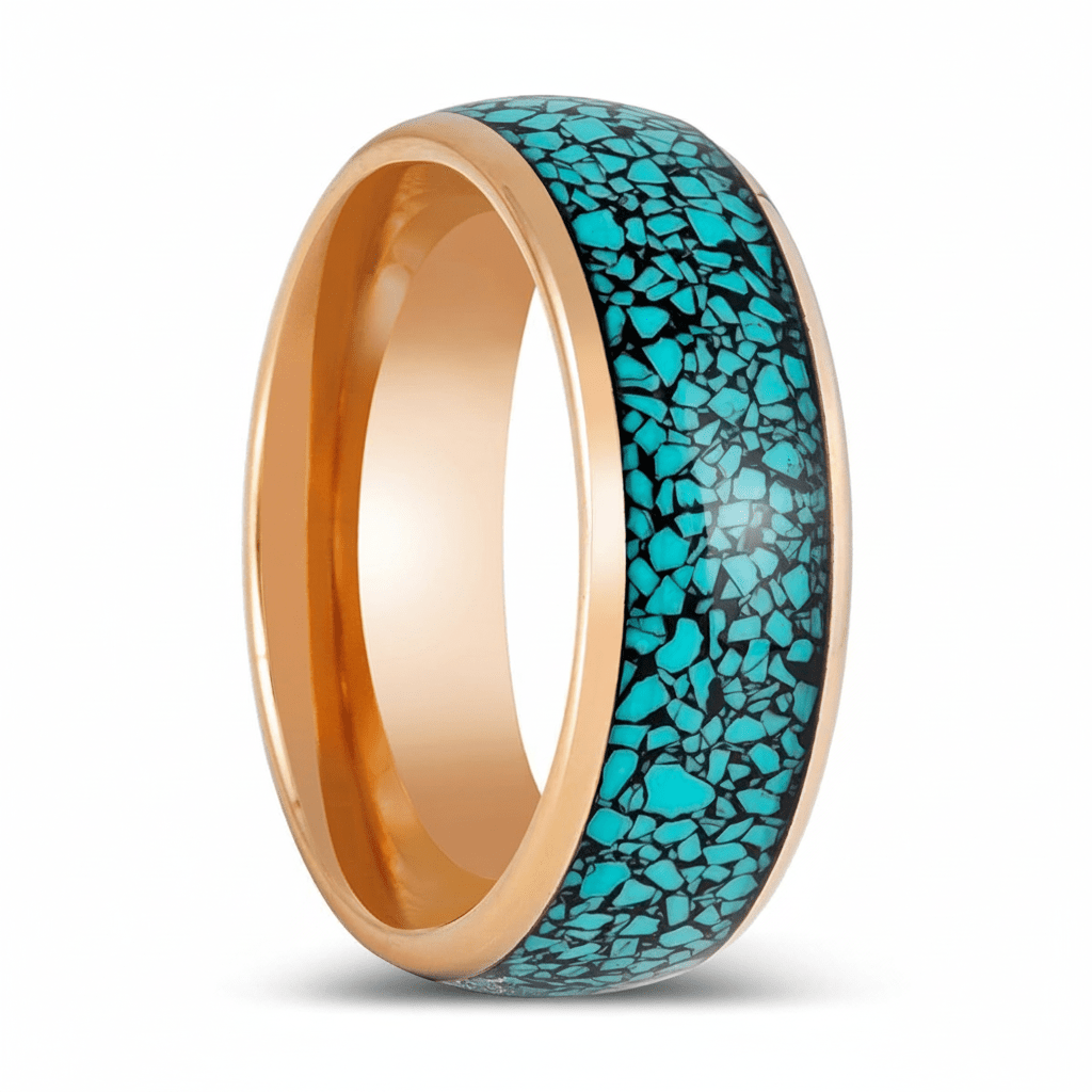 Dionysus rose gold tungsten ring with blue turquoise inlay, front view