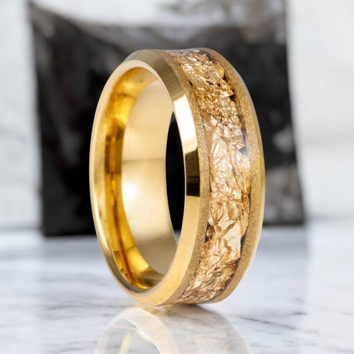 Ra gold tungsten ring with gold foil inlay, front view