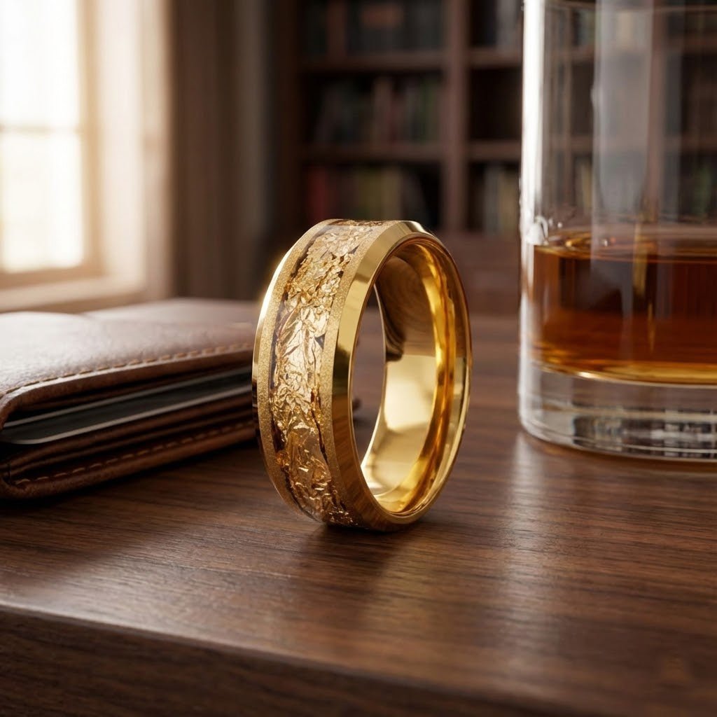 Ra gold tungsten ring with gold foil inlay, detail view