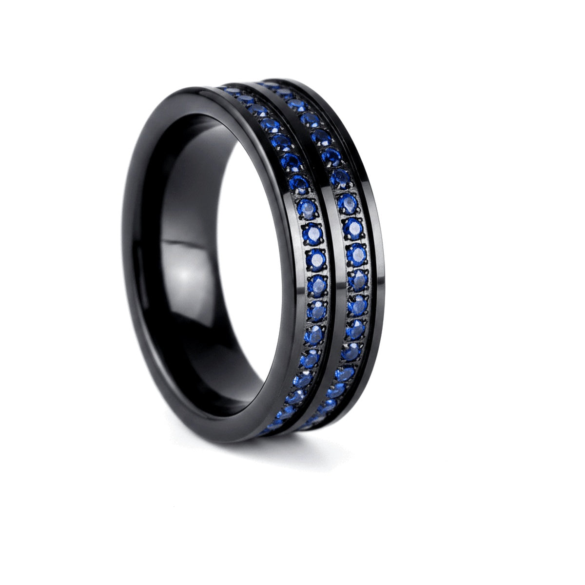 Khnum black tungsten ring with double row blue CZ, front view