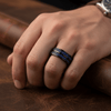 Khnum black tungsten ring with double row blue CZ, side view