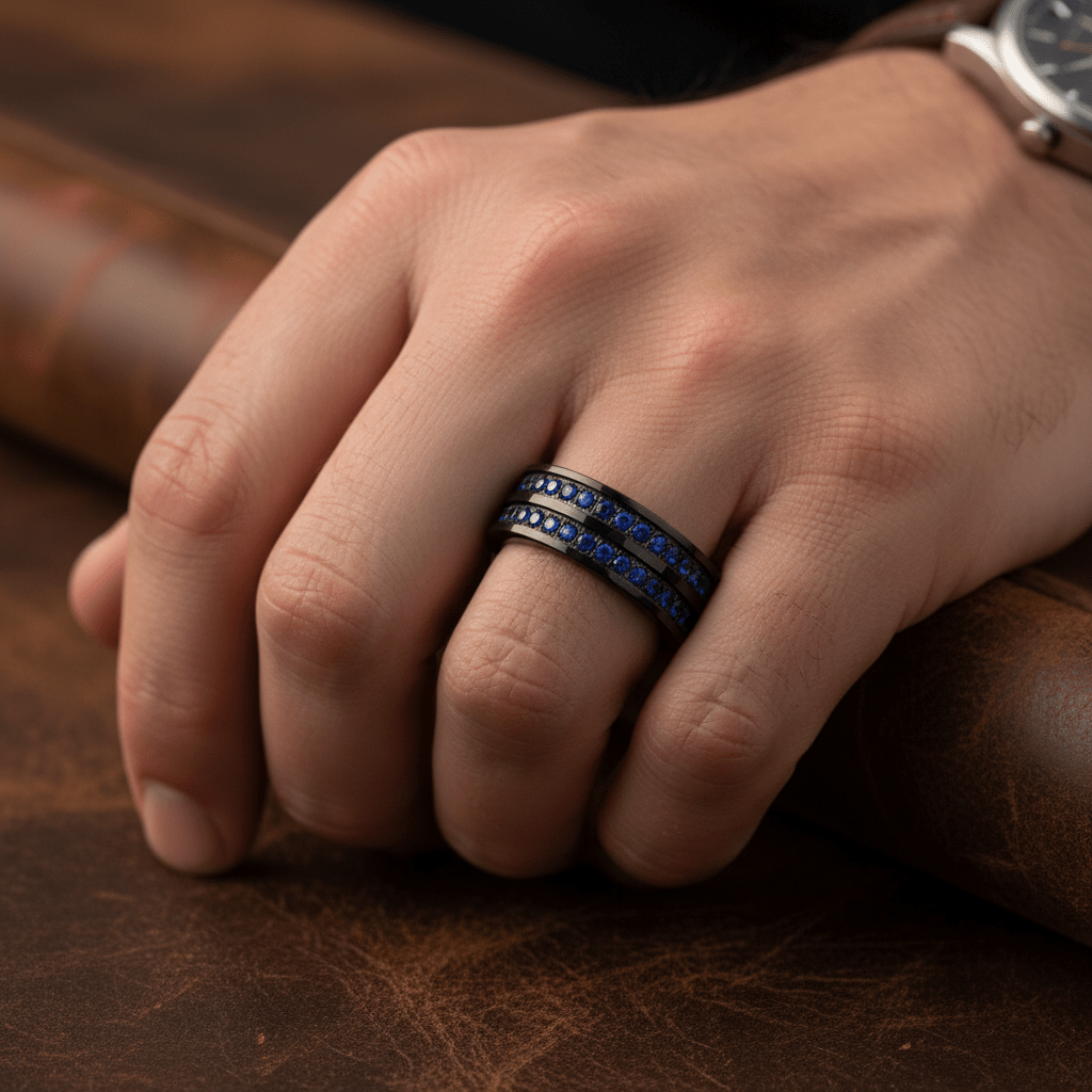 Khnum black tungsten ring with double row blue CZ, side view