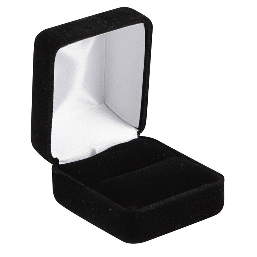 Black velvet jewelry box with white interior on a white background