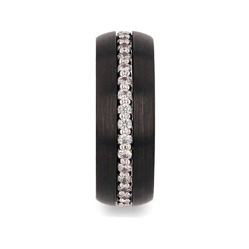Damascus black tungsten ring with white sapphires, front view