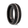 Damascus black tungsten ring with white sapphires, side view