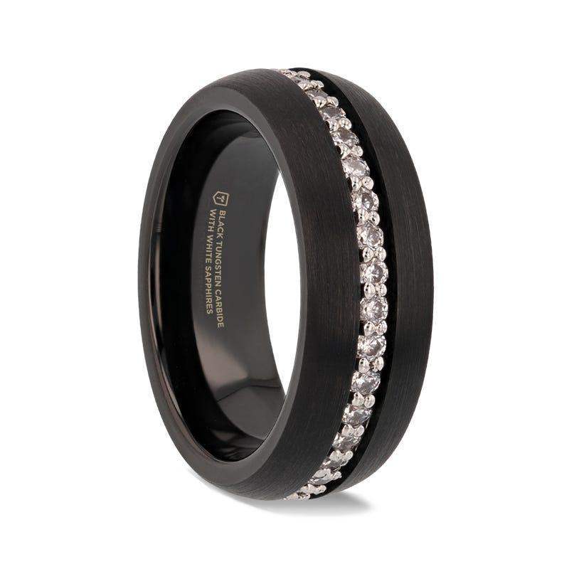 Damascus black tungsten ring with white sapphires, side view