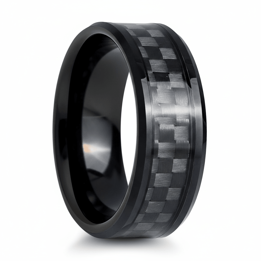 Ptah black tungsten ring with carbon fiber inlay, front view