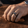 Ptah black tungsten ring with carbon fiber inlay, side view