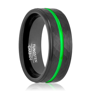 Hades Men's Black Hammered Tungsten Carbide Wedding Ring with Green Groove - 8mm - 7.00 / 8mm / Black