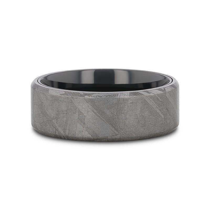Anubis black titanium meteorite ring, flat lay