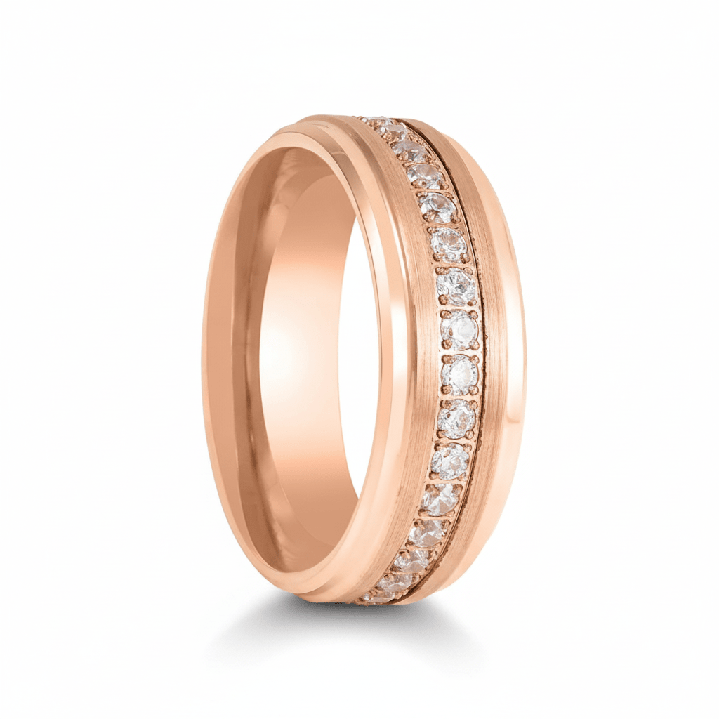 Chiron rose gold tungsten ring with round white CZ, front view