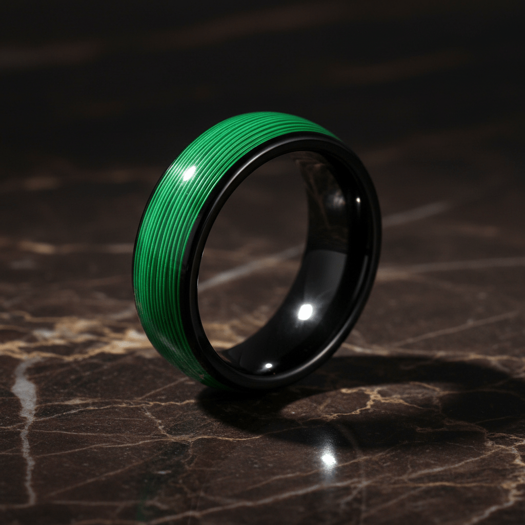 Montu black tungsten ring with green wire inlay, detail view