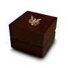 Capernaum dark wood ring box with engraved flying eagle emblem
