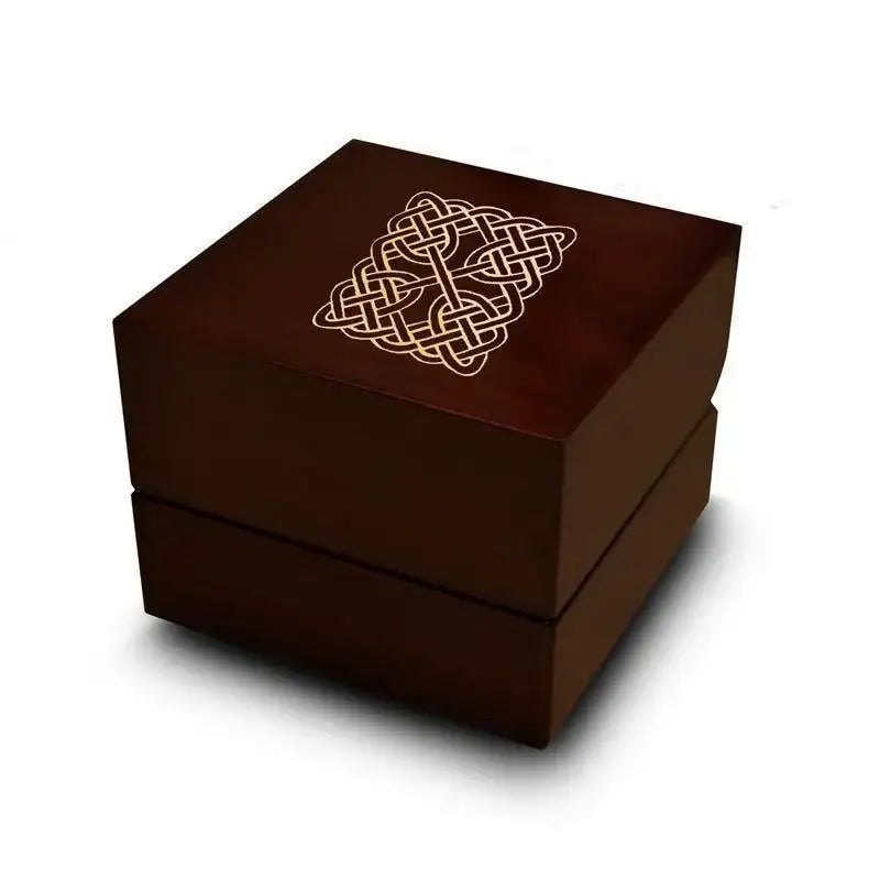Axum dark wood ring box with engraved square Celtic knot