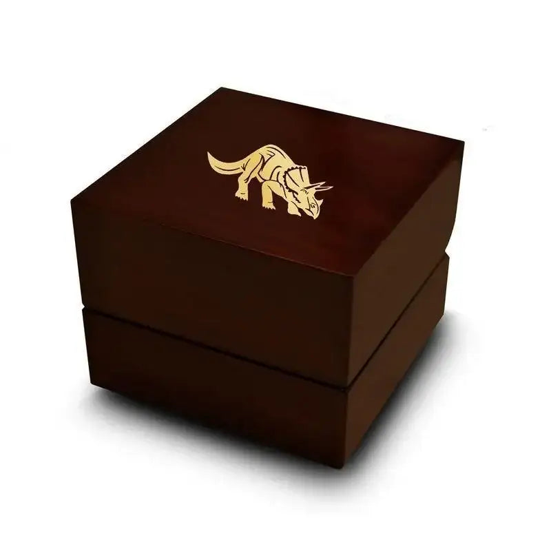 Megiddo dark wood ring box with engraved triceratops dinosaur