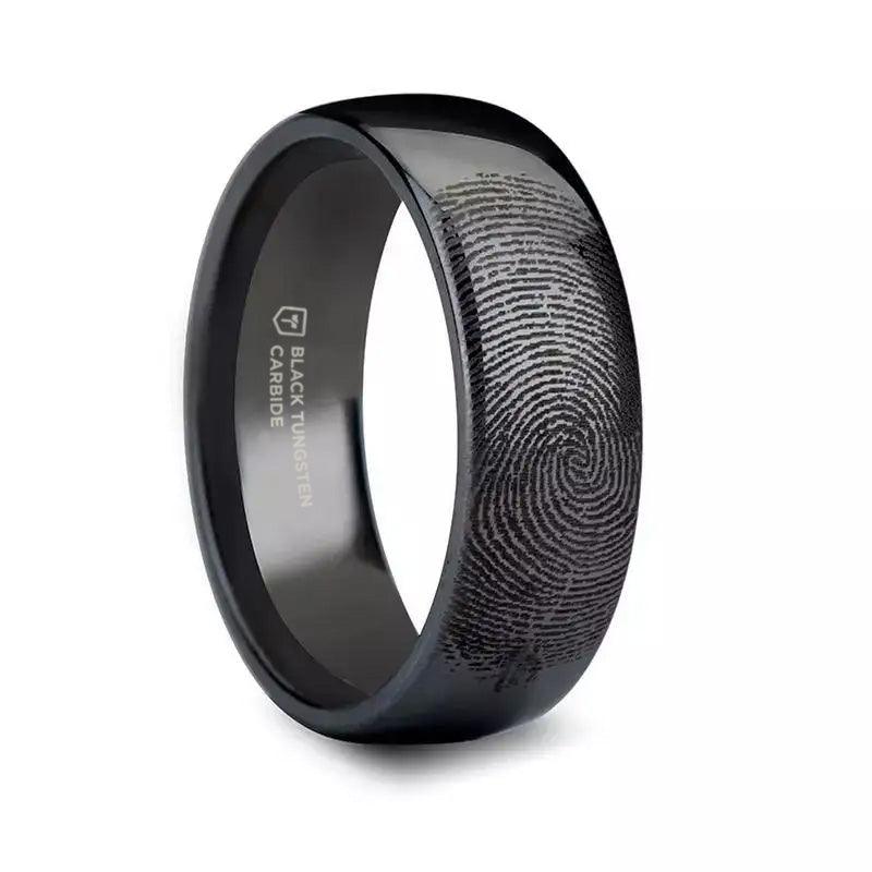 Byblos black tungsten ring with fingerprint engraving, side view
