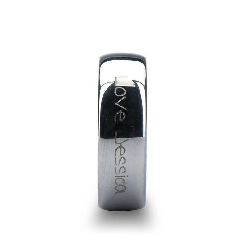 Antioch tungsten ring with handwriting engraving, front view