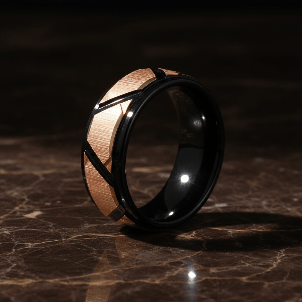 Amun black tungsten ring with rose gold interior, detail view