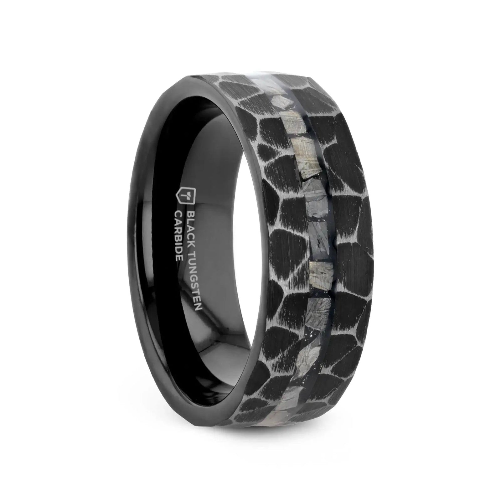 FISSURE Black Tungsten Ring with Hammered Finish and Meteorite Inlay