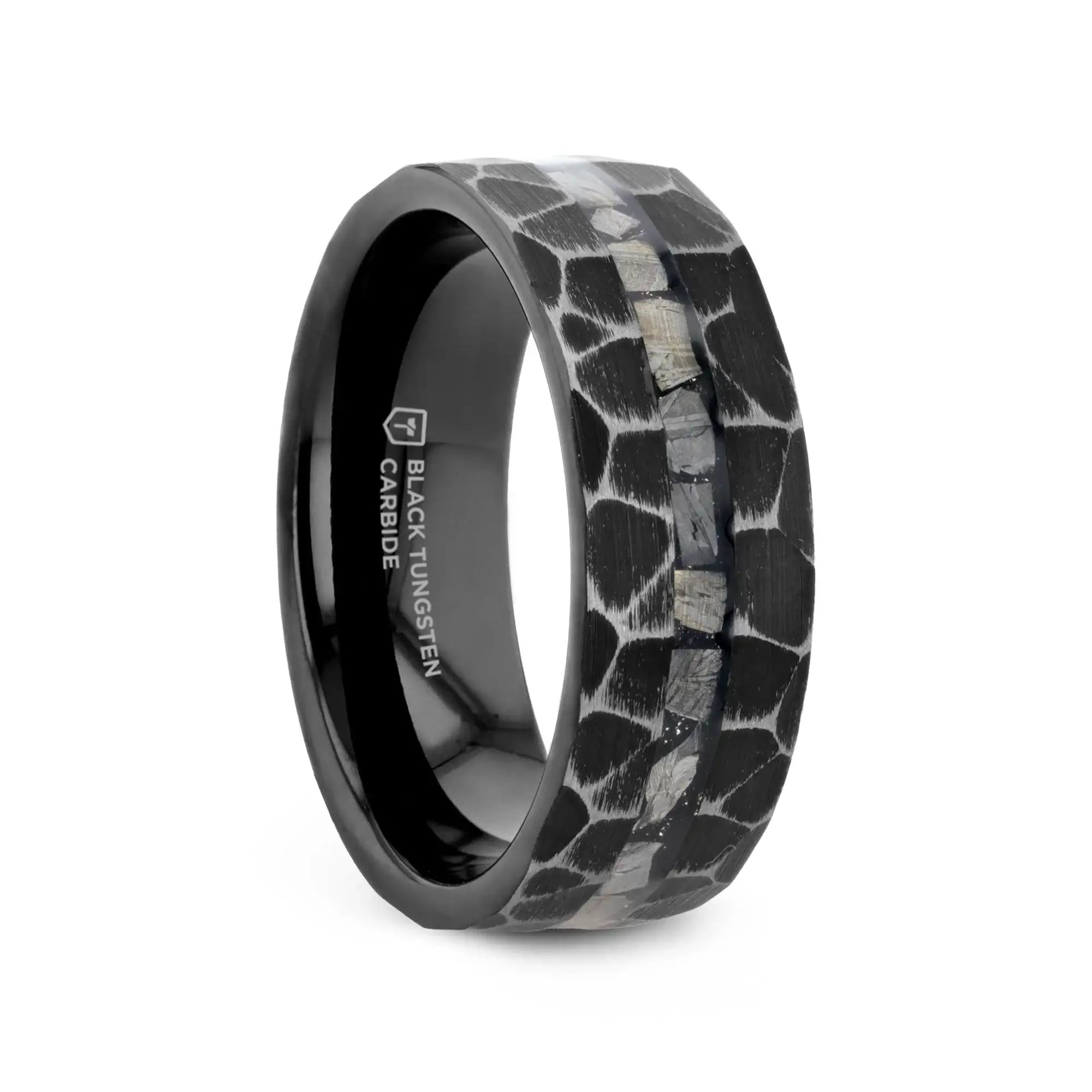 FISSURE Black Tungsten Ring with Hammered Finish and Meteorite Inlay